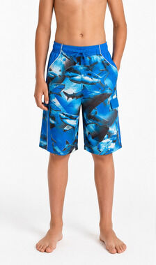 Hang Ten Boys XL18/20 Shark Print Swim Trunks Blue Board Shorts Mesh Lined Cargo